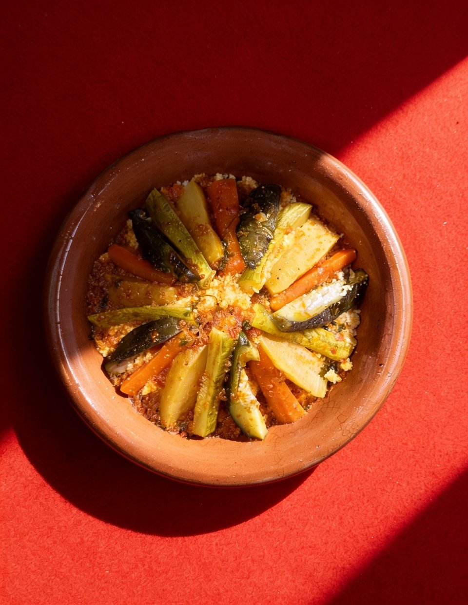 Seven-vegetable couscous plated in a terracotta dish on red felt