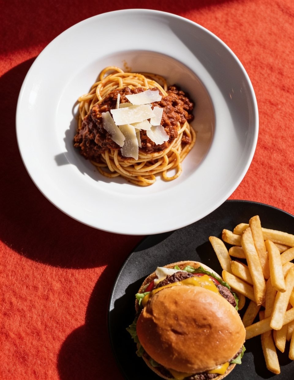 International selection: spaghetti bolognese and a cheeseburger with fries
