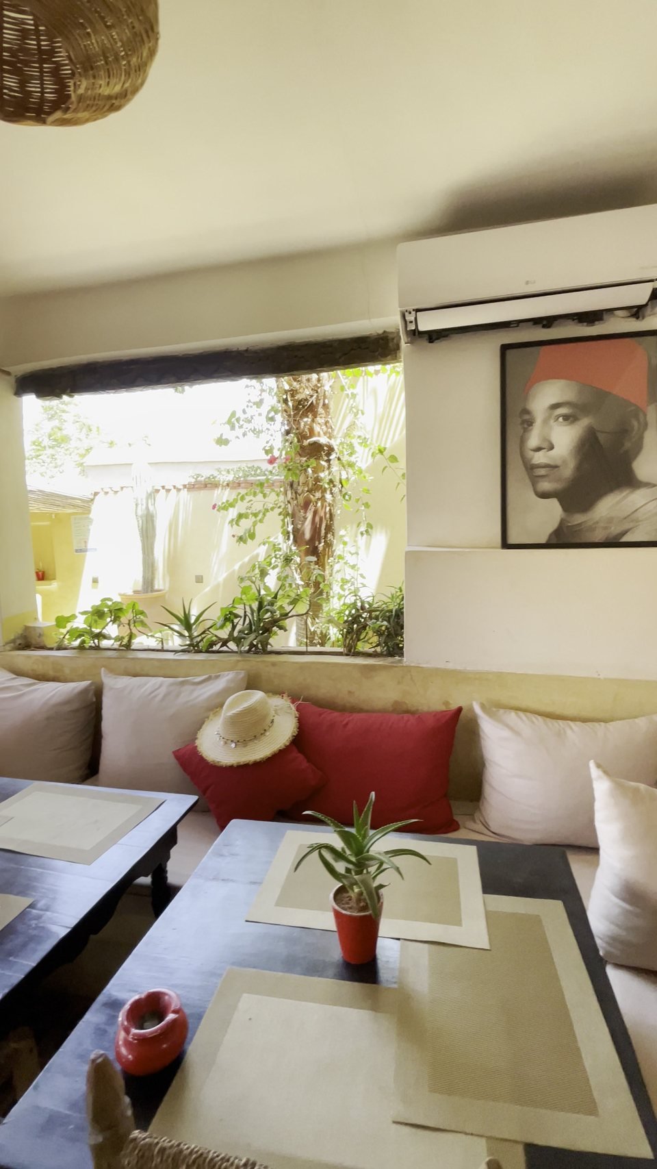 A window banquette below a framed portrait, with plants beyond